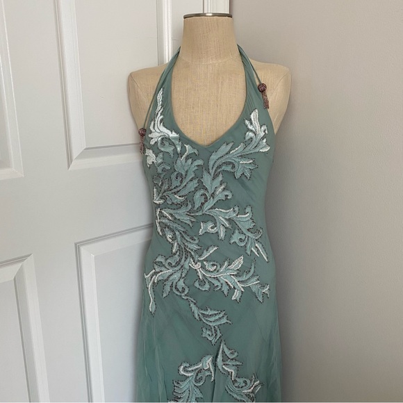 Sue Wong mint green beaded and embroidered silk halter dress size 8 - Picture 3 of 8
